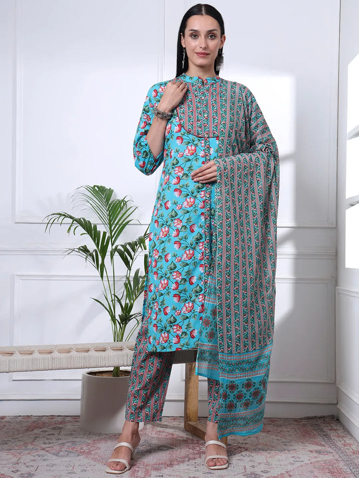Turquoise Blue Cotton Blue Straight Kurta Dupatta Pant Set