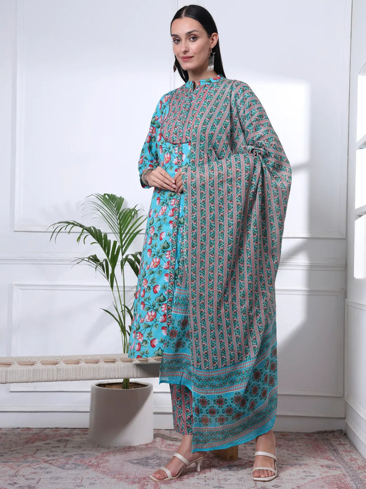 Turquoise Blue Cotton Blue Straight Kurta Dupatta Pant Set