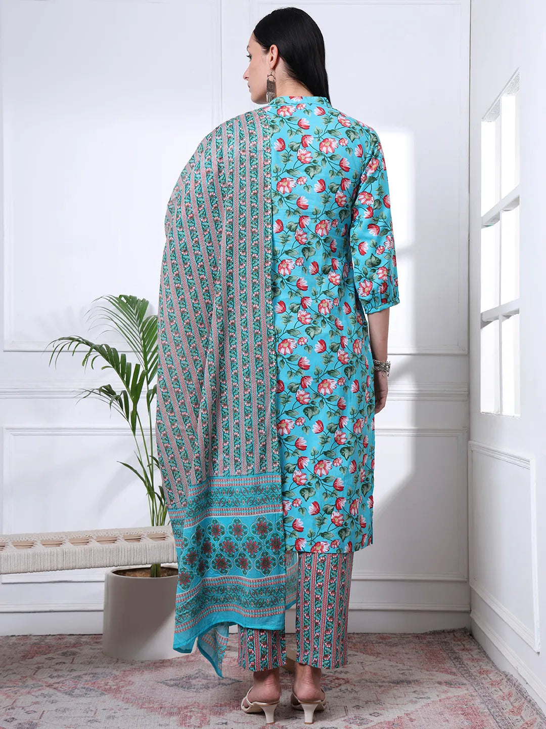 Turquoise Blue Cotton Blue Straight Kurta Dupatta Pant Set