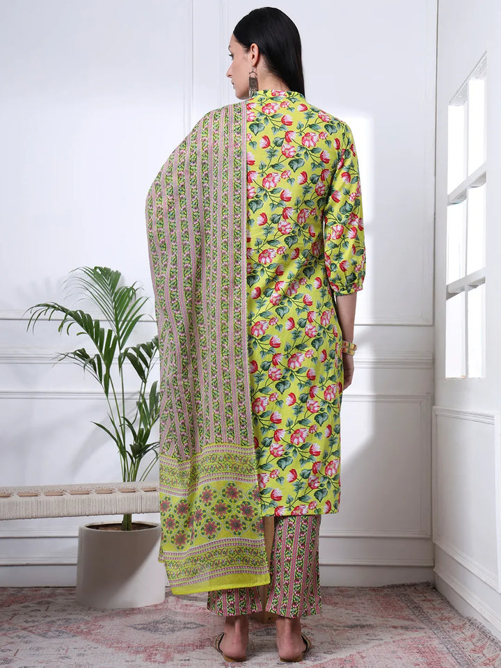 Yellow Cotton Blue Straight Kurta Dupatta Pant Set