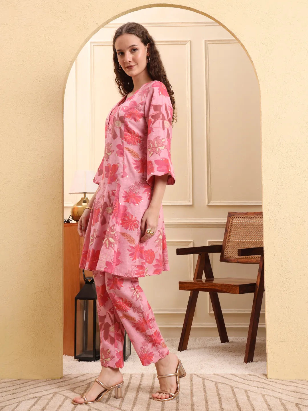 Pink Floral Print Pure Cotton V-Neck A-Line Kurta Trouser Set
