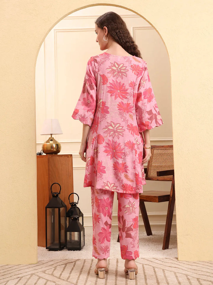 Pink Floral Print Pure Cotton V-Neck A-Line Kurta Trouser Set