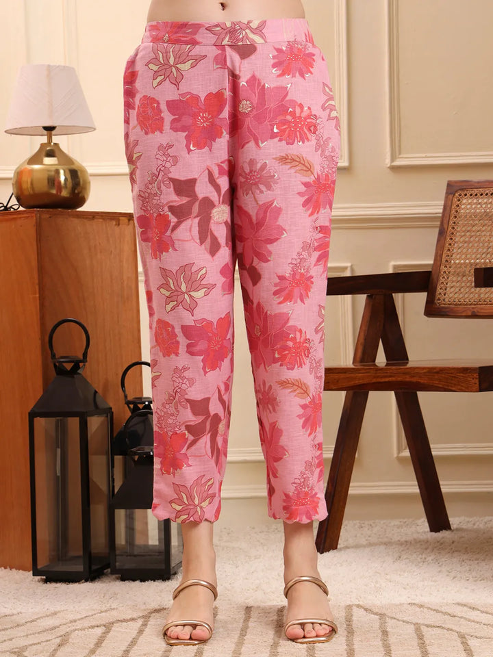 Pink Floral Print Pure Cotton V-Neck A-Line Kurta Trouser Set