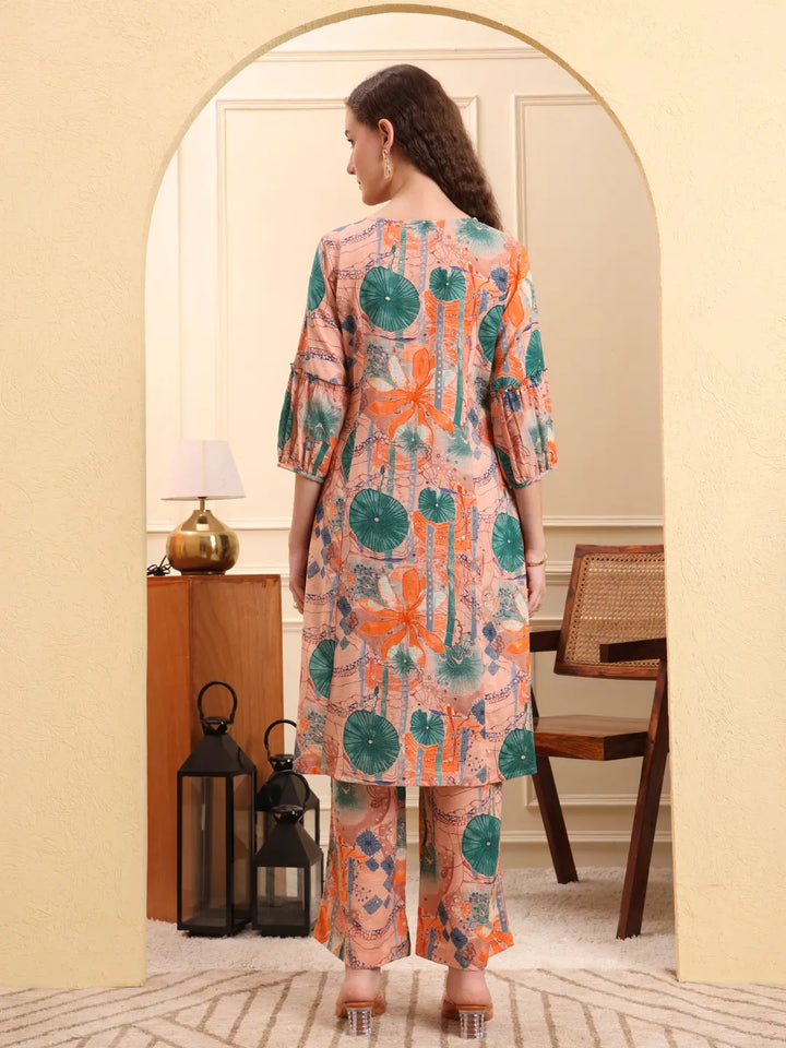 Peach Ethnic Motifs A-Line Kurta Trouser Set