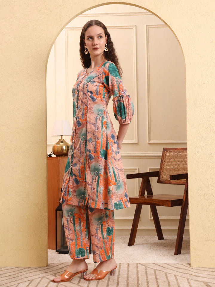 Peach Ethnic Motifs A-Line Kurta Trouser Set