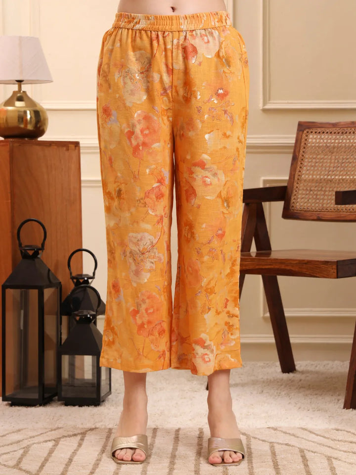Mustard Floral Print A-Line Kurta Trouser Set