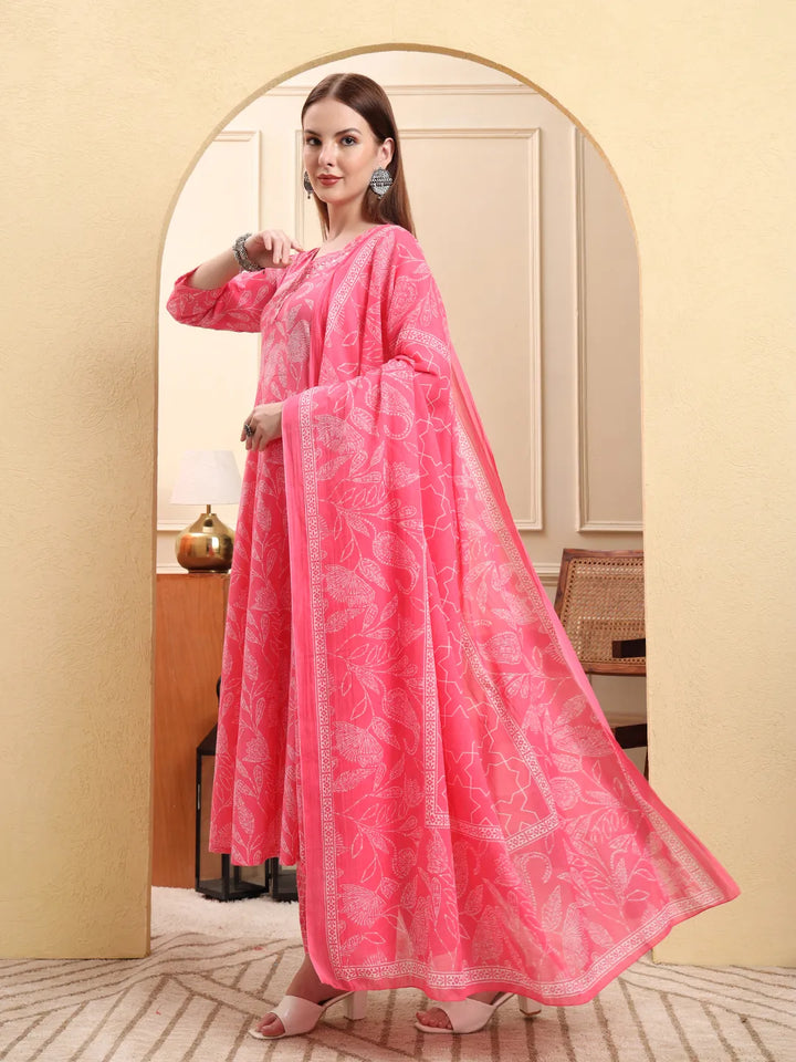 Pink Pure Cotton Floral Thread Work Anarkali Kurta Trouser Dupatta Set