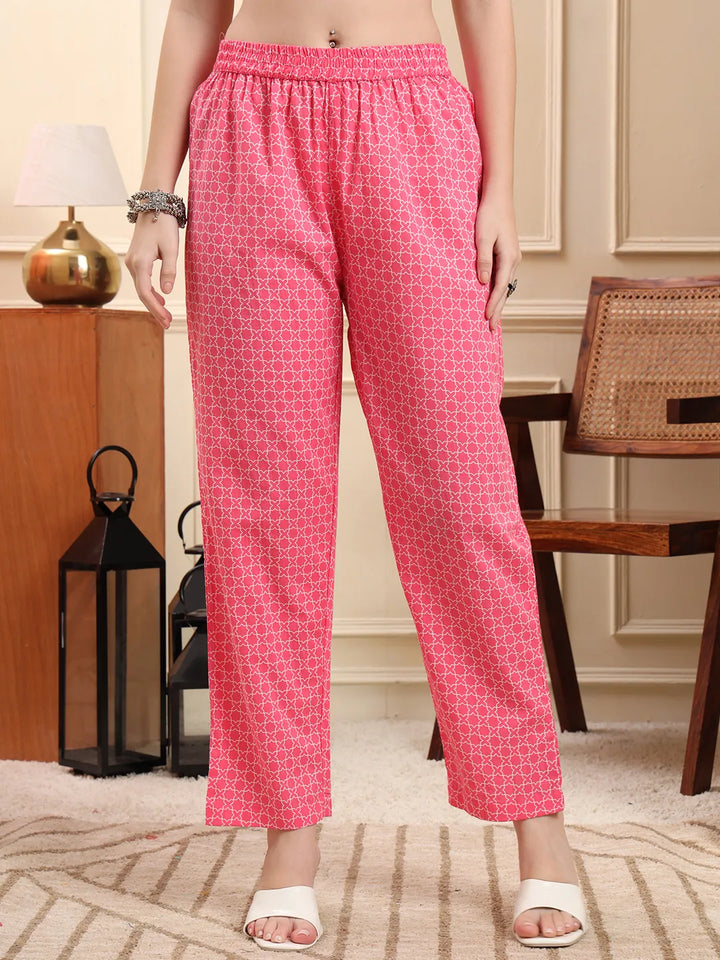 Pink Pure Cotton Floral Thread Work Anarkali Kurta Trouser Dupatta Set