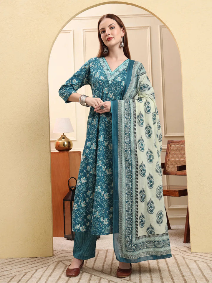 Blue Pure Cotton Thread Work Anarkali Kurta Trouser Dupatta Set