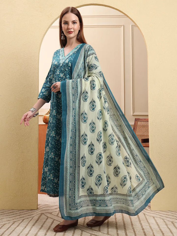 Blue Pure Cotton Thread Work Anarkali Kurta Trouser Dupatta Set