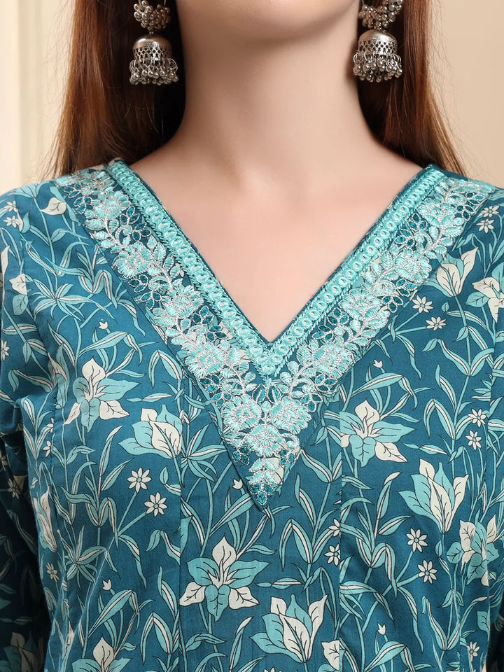 Blue Pure Cotton Thread Work Anarkali Kurta Trouser Dupatta Set