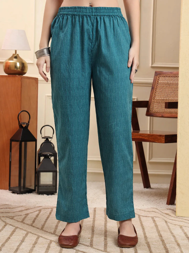 Blue Pure Cotton Thread Work Anarkali Kurta Trouser Dupatta Set