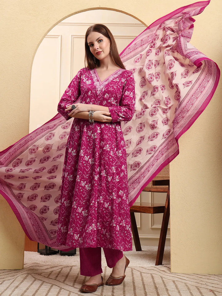 Pink Pure Cotton Thread Work Anarkali Kurta Trouser Dupatta Set