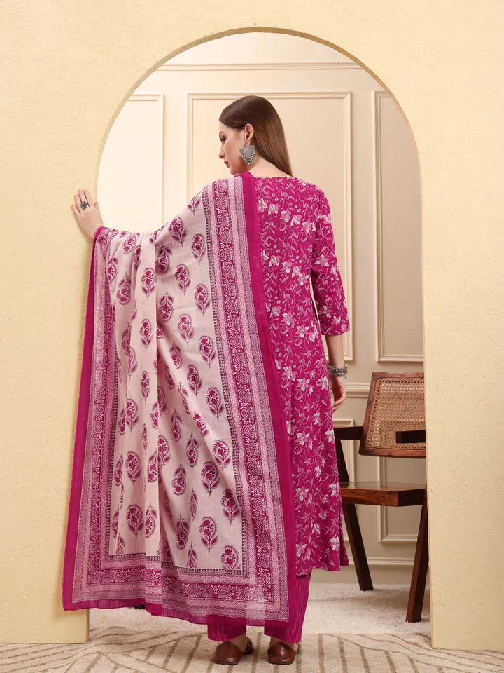 Pink Pure Cotton Thread Work Anarkali Kurta Trouser Dupatta Set