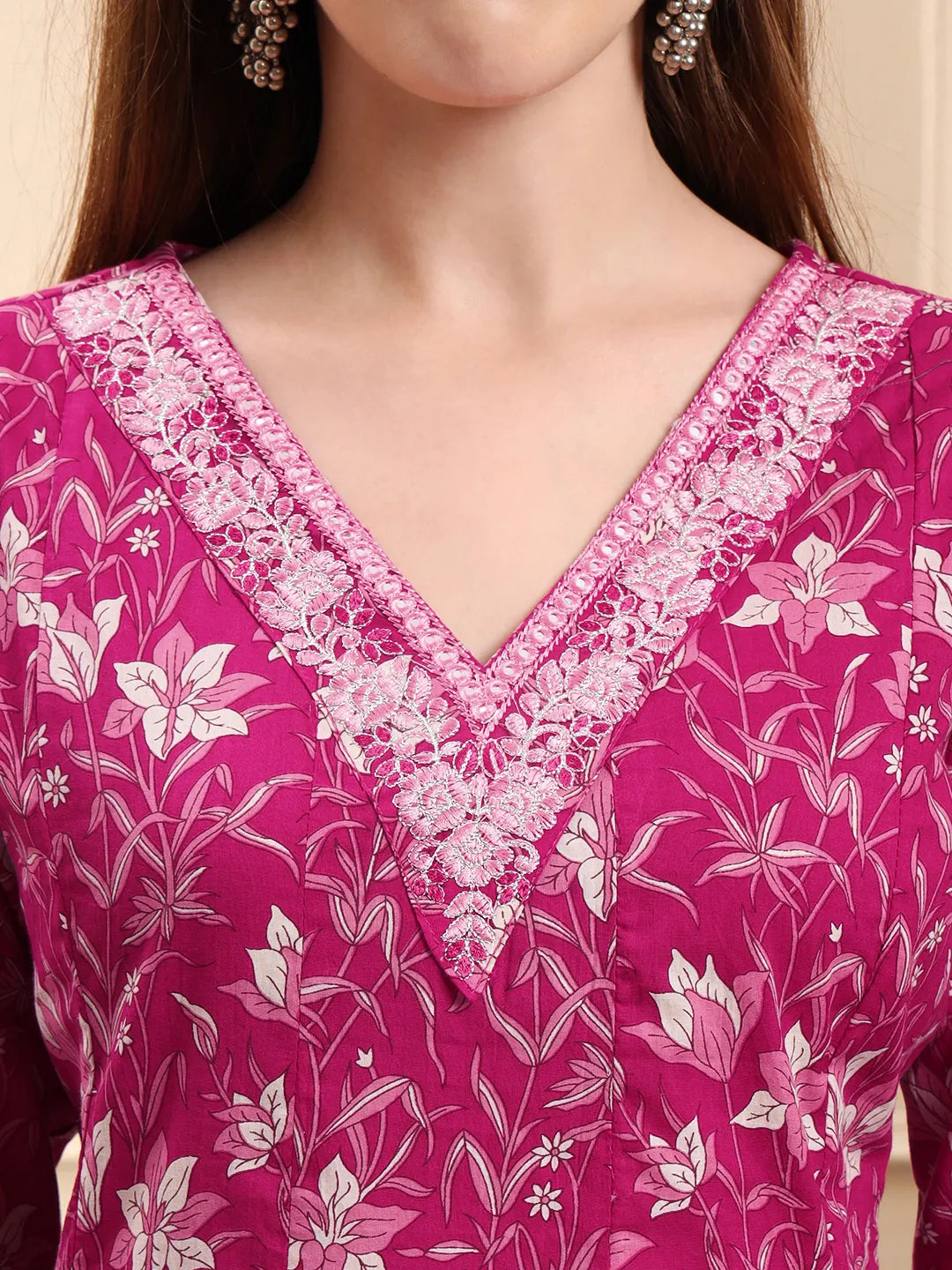 Pink Pure Cotton Thread Work Anarkali Kurta Trouser Dupatta Set