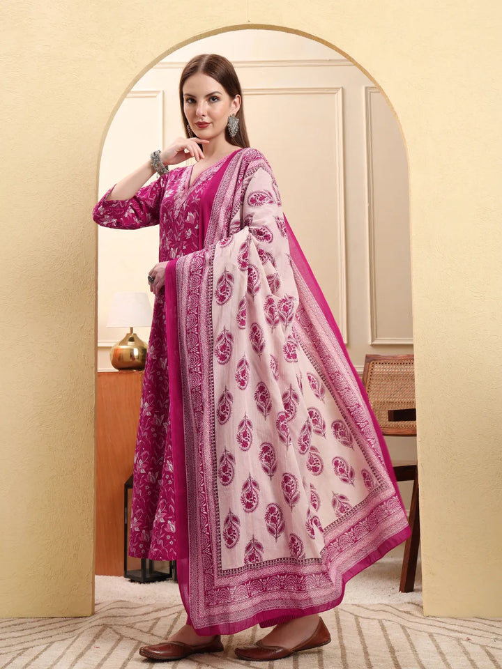 Pink Pure Cotton Thread Work Anarkali Kurta Trouser Dupatta Set