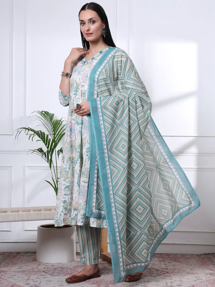 Sea Green And White Floral Print Anarkali Kurta Trouser Dupatta Set