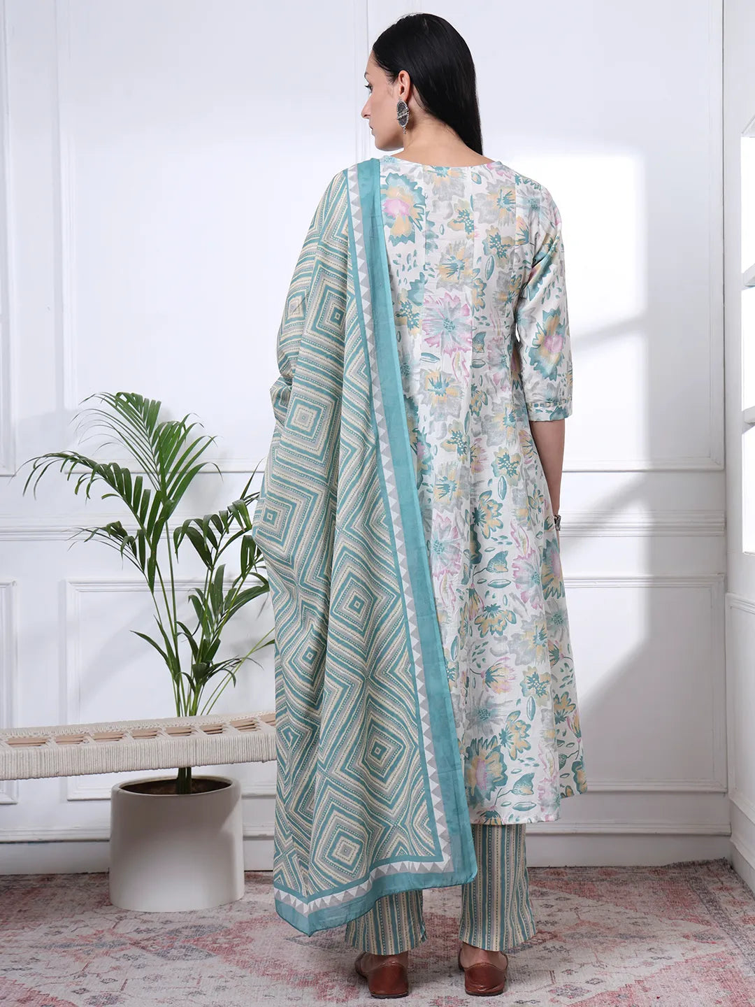Sea Green And White Floral Print Anarkali Kurta Trouser Dupatta Set