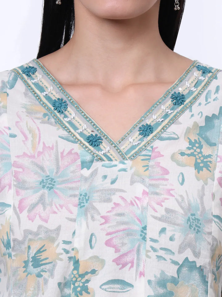 Sea Green And White Floral Print Anarkali Kurta Trouser Dupatta Set