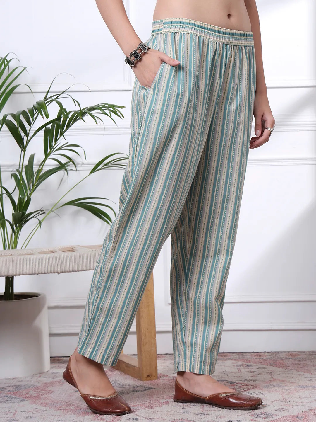 Sea Green And White Floral Print Anarkali Kurta Trouser Dupatta Set