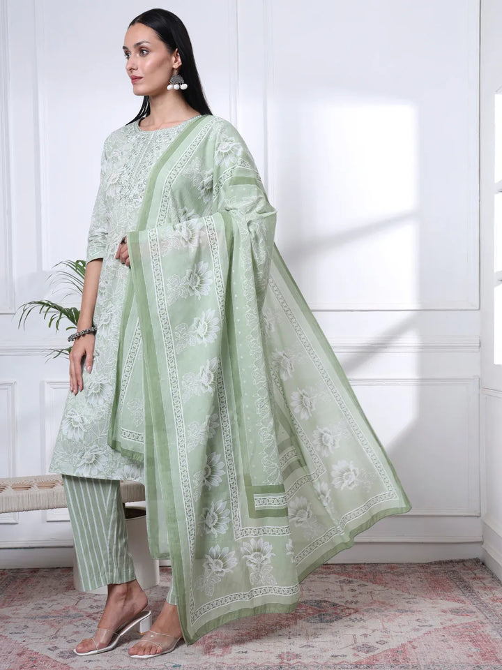 Sea Green Floral Print Thread Work Straight Kurta Trouser Dupatta Set