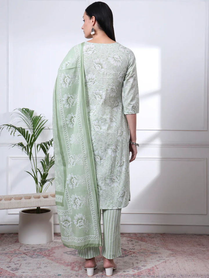 Sea Green Floral Print Thread Work Straight Kurta Trouser Dupatta Set