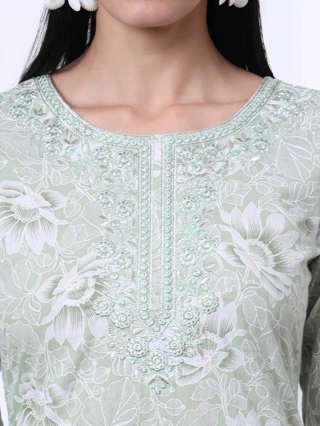 Sea Green Floral Print Thread Work Straight Kurta Trouser Dupatta Set