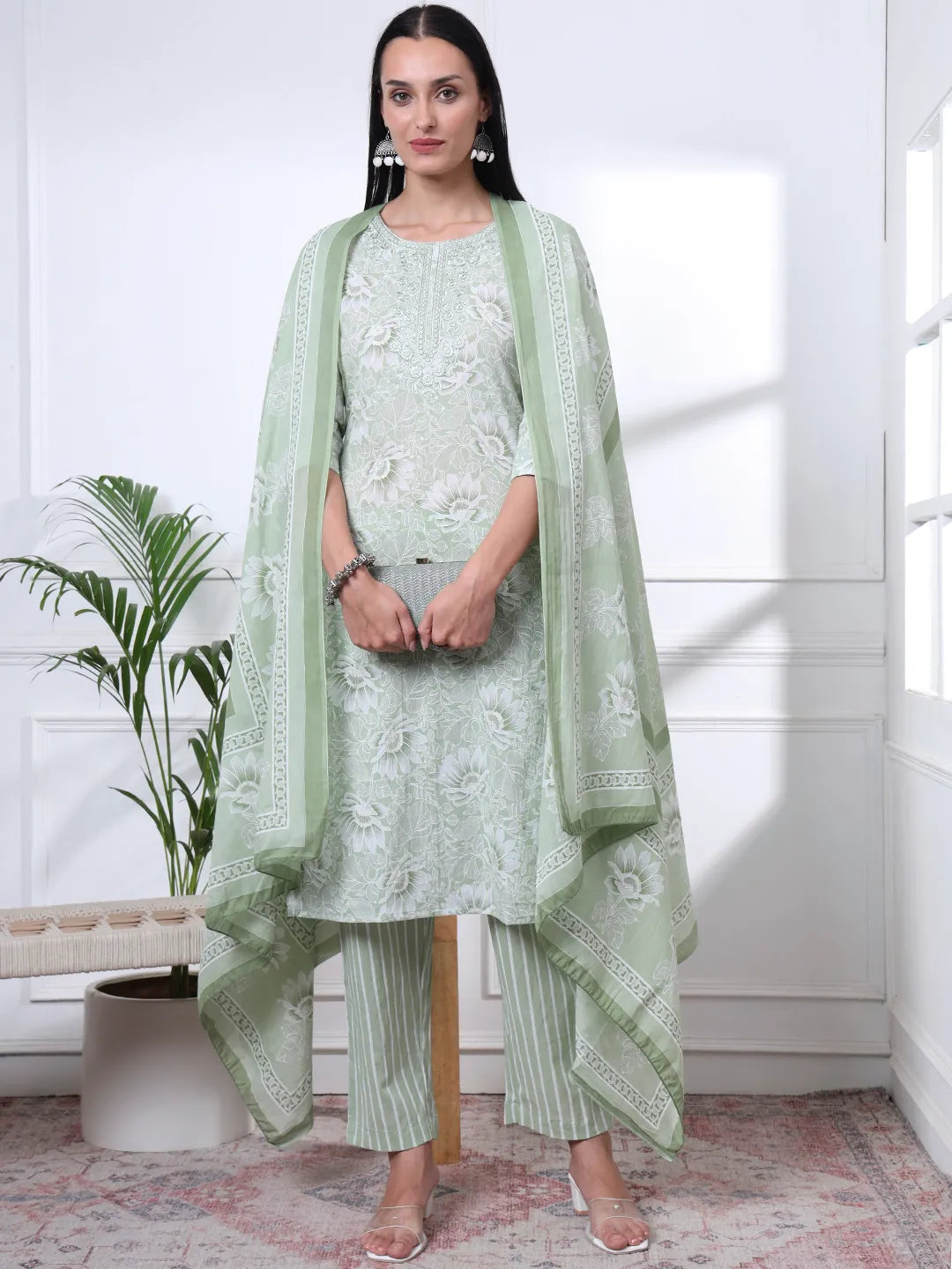 Sea Green Floral Print Thread Work Straight Kurta Trouser Dupatta Set
