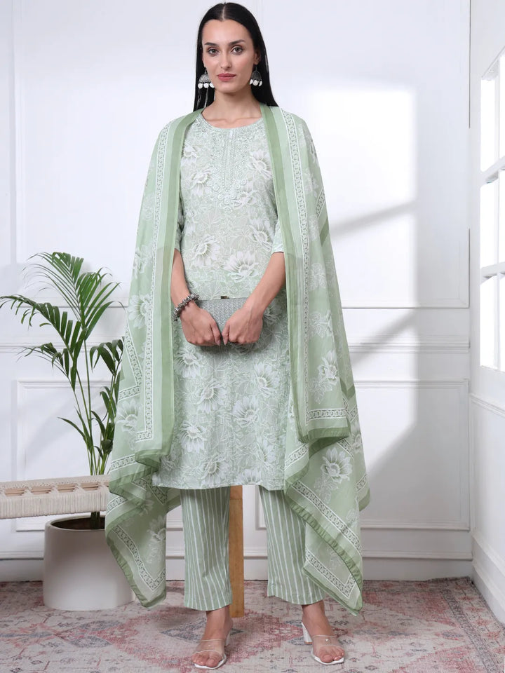 Sea Green Floral Print Thread Work Straight Kurta Trouser Dupatta Set
