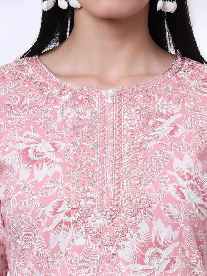 Pink Floral Print Thread Work Straight Kurta Trouser Dupatta Set