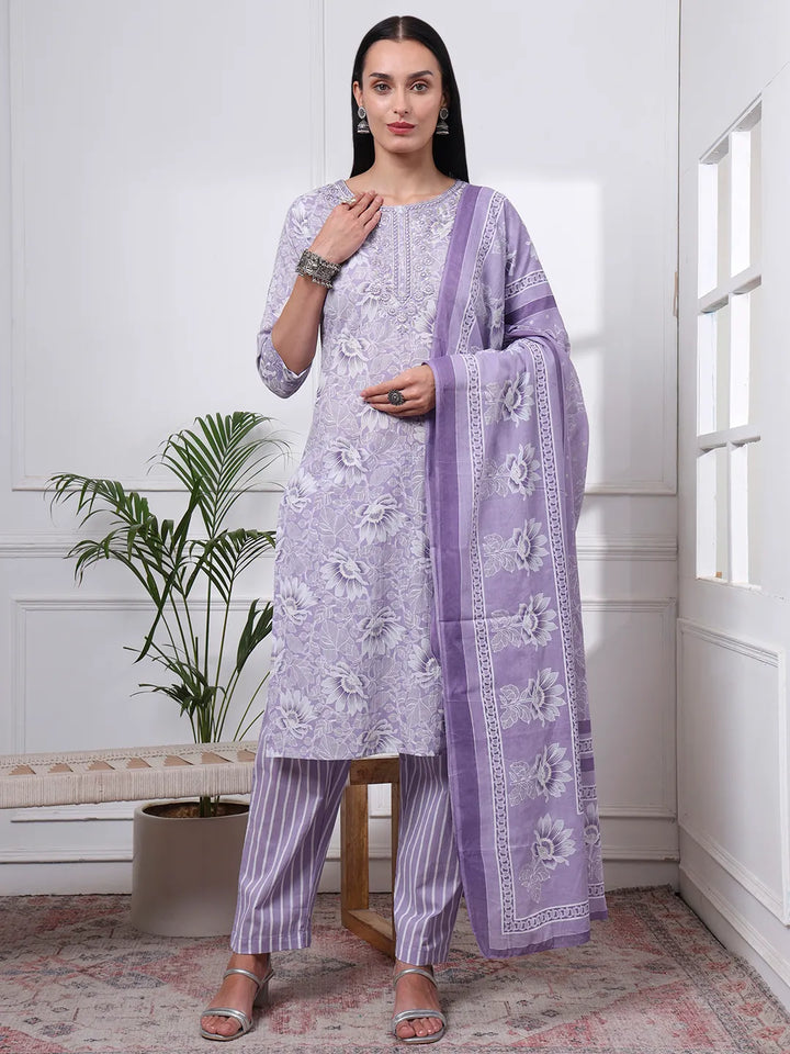 Purple Floral Print Thread Work Straight Kurta Trouser Dupatta Set