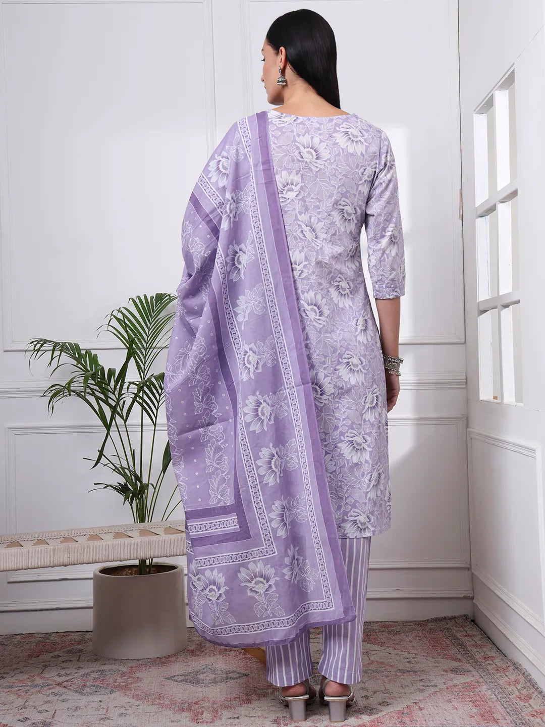 Purple Floral Print Thread Work Straight Kurta Trouser Dupatta Set