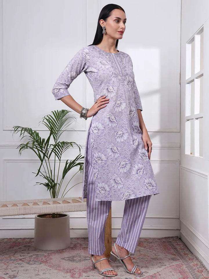 Purple Floral Print Thread Work Straight Kurta Trouser Dupatta Set