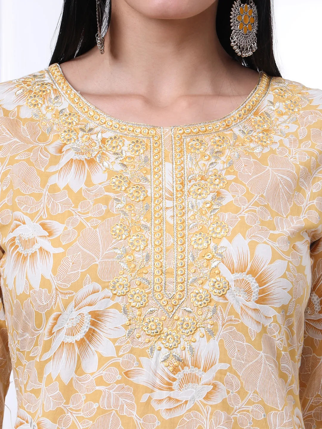 Yellow Floral Print Thread Work Straight Kurta Trouser Dupatta Set