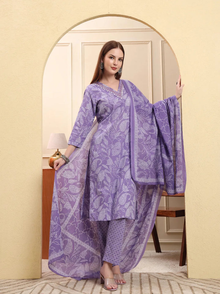 Purple Pure Cotton Thread Work Straight Kurta Trouser Dupatta Set