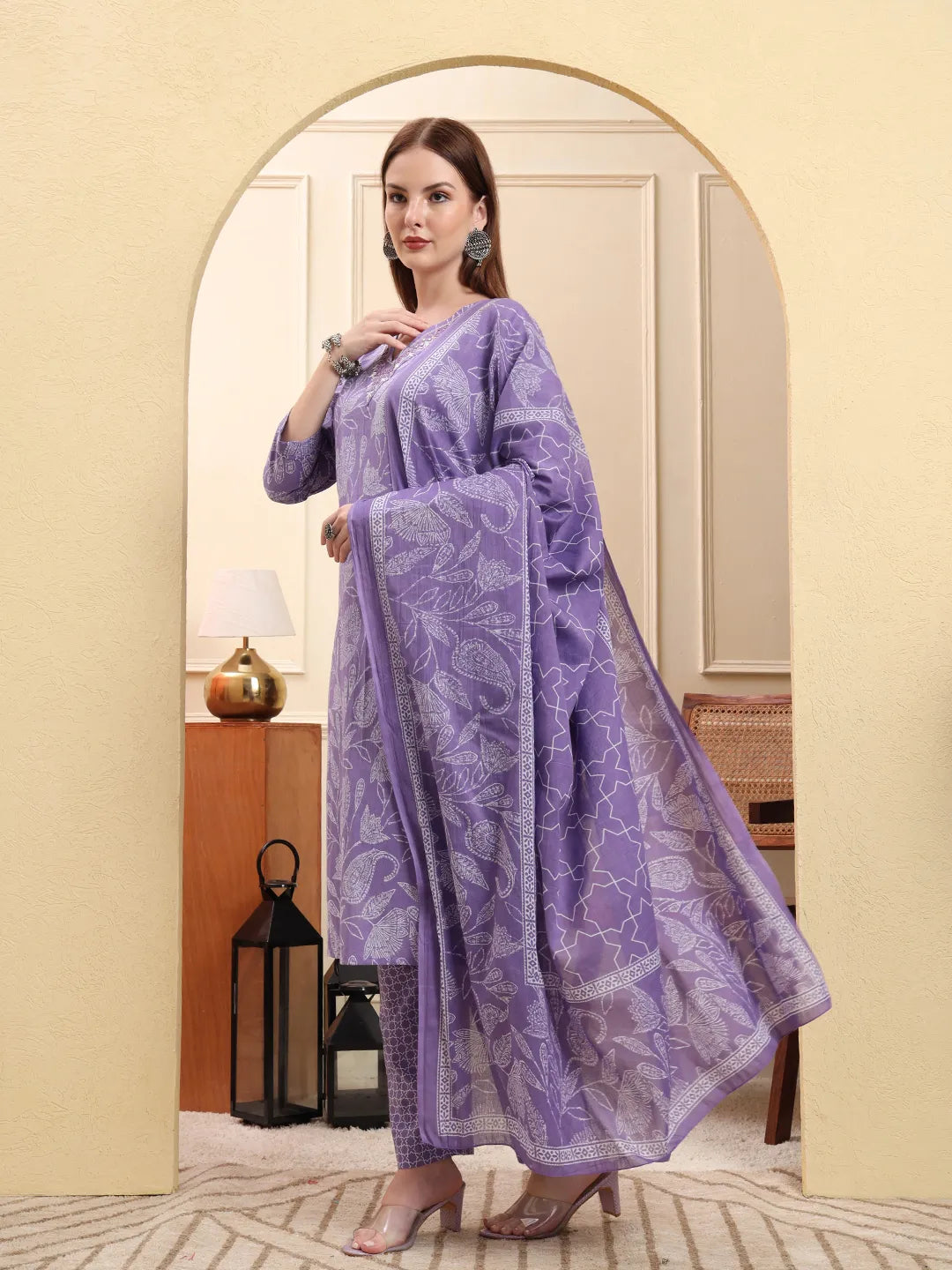 Purple Pure Cotton Thread Work Straight Kurta Trouser Dupatta Set