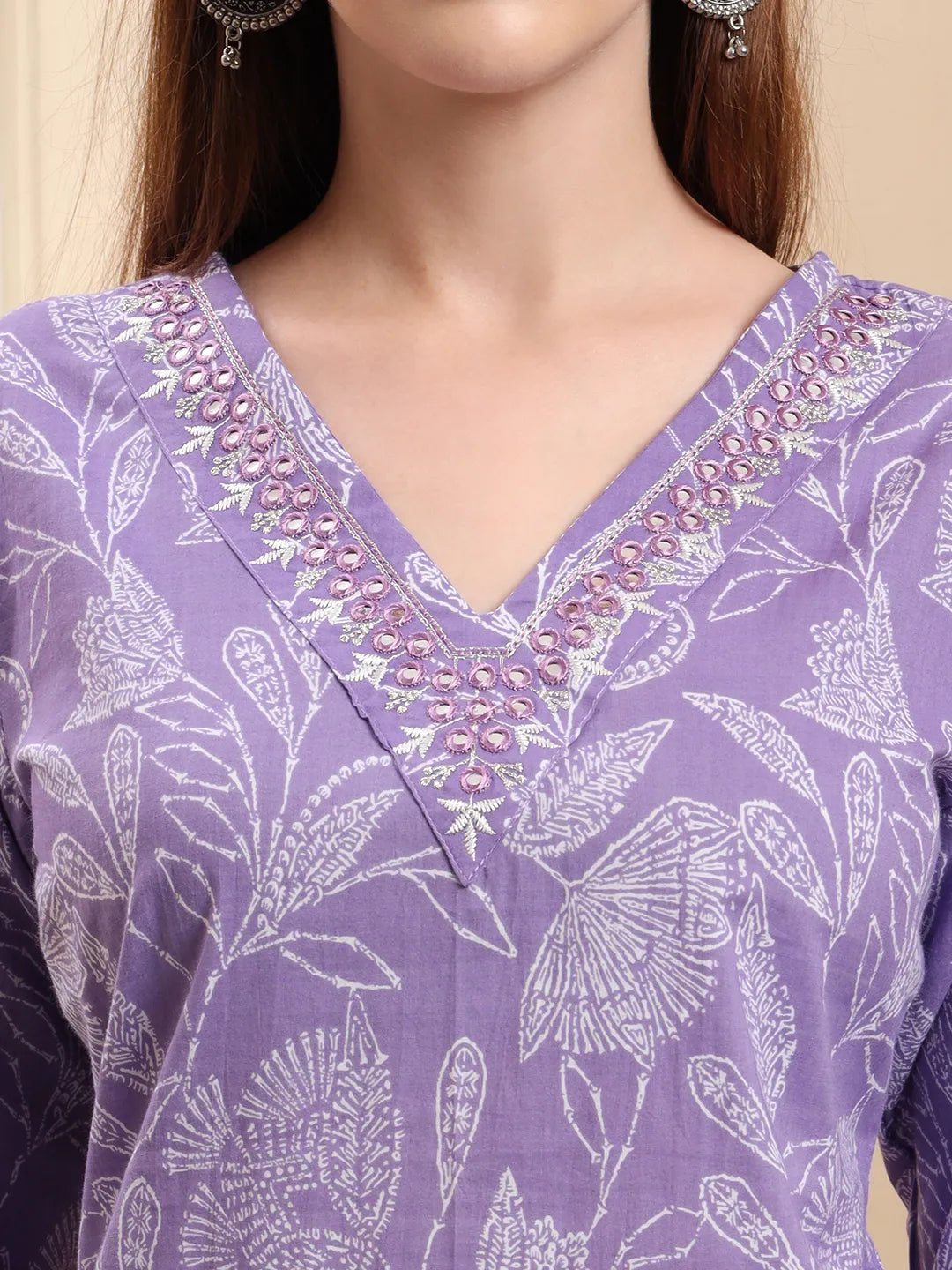 Purple Pure Cotton Thread Work Straight Kurta Trouser Dupatta Set