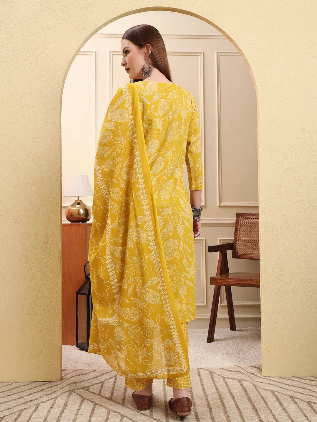 Yellow Pure Cotton Thread Work Straight Kurta Trouser Dupatta Set
