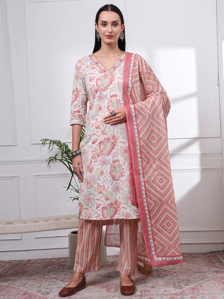 Peach And White Floral Print Straight Kurta Trouser Dupatta Set