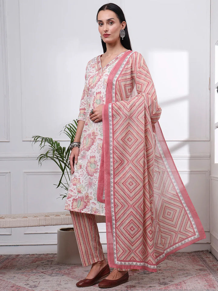 Peach And White Floral Print Straight Kurta Trouser Dupatta Set