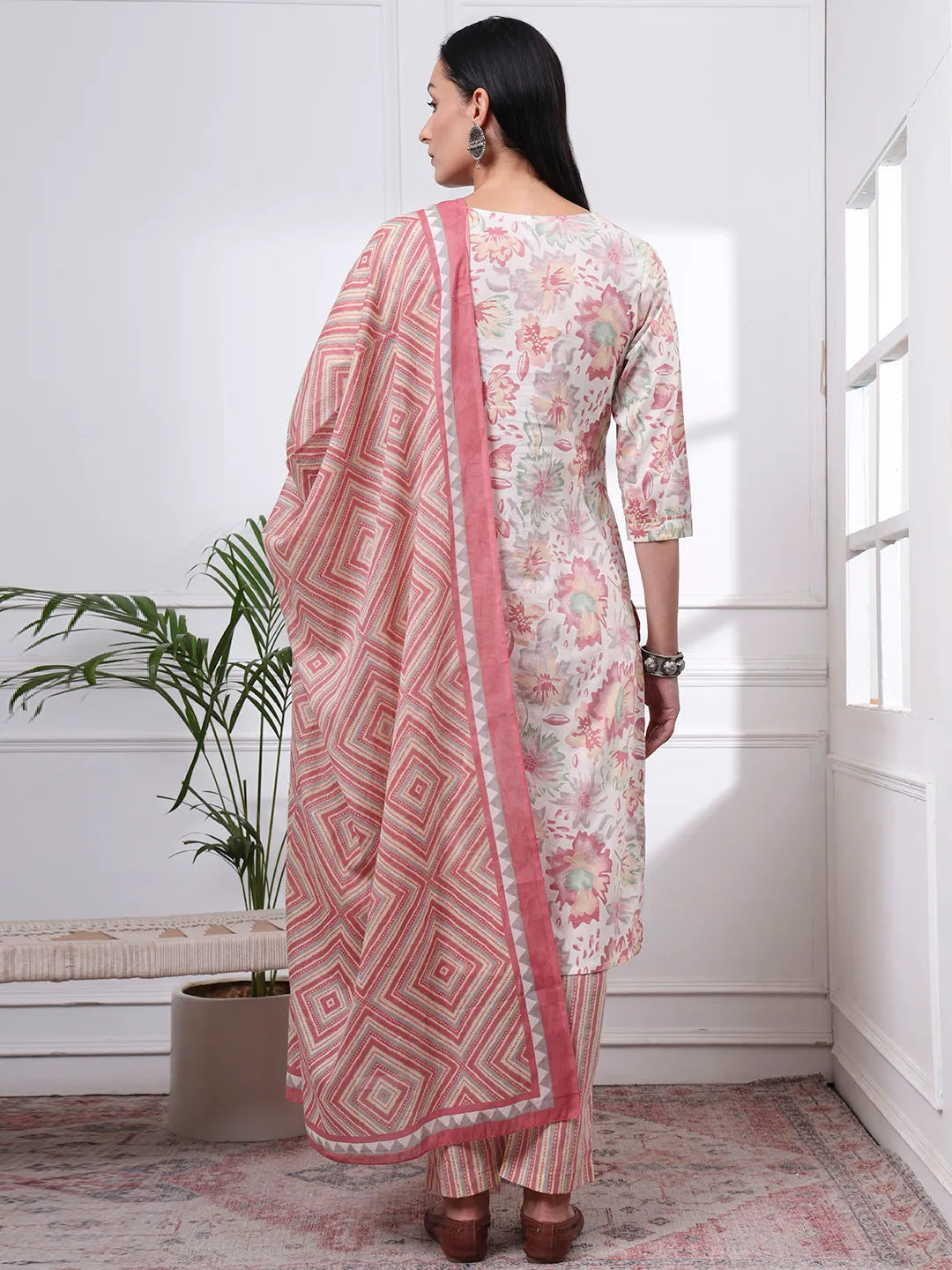 Peach And White Floral Print Straight Kurta Trouser Dupatta Set