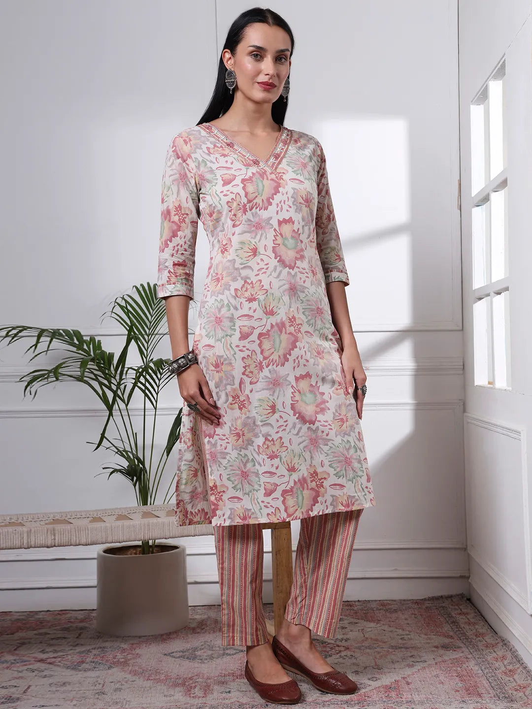 Peach And White Floral Print Straight Kurta Trouser Dupatta Set