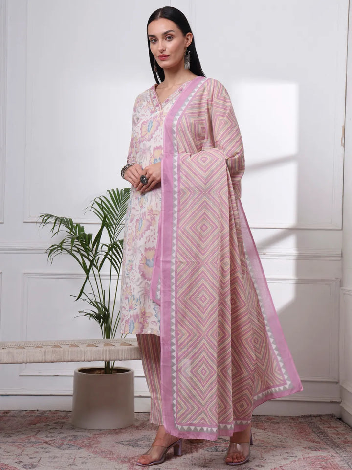 Purple And White Floral Print Straight Kurta Trouser Dupatta Set