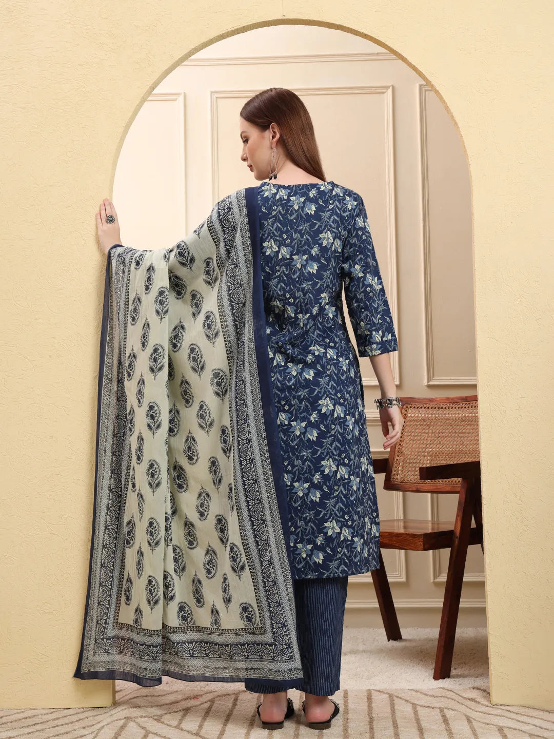 Navy Blue Pure Cotton Kurta Dupatta Pant Set