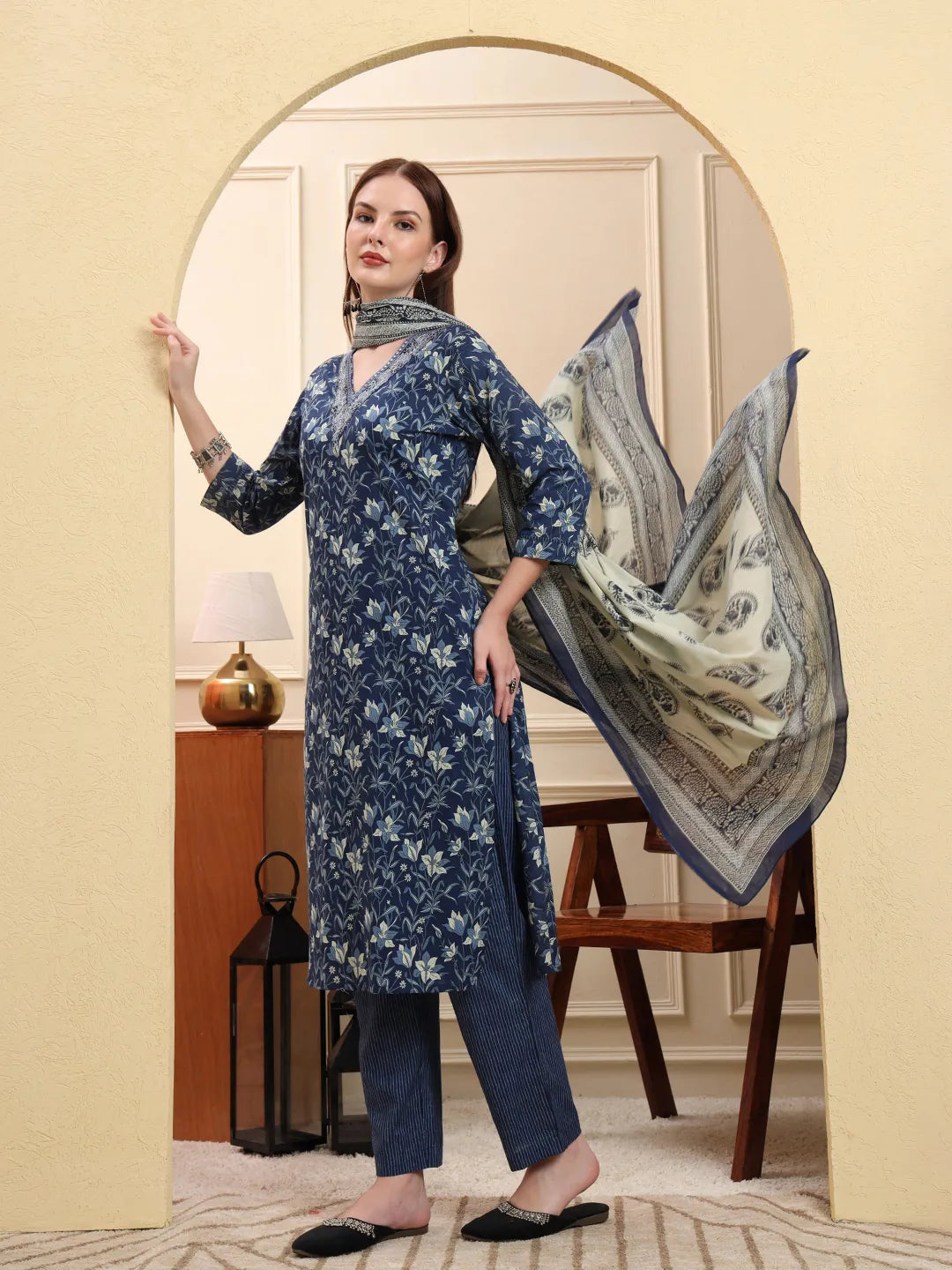 Navy Blue Pure Cotton Kurta Dupatta Pant Set