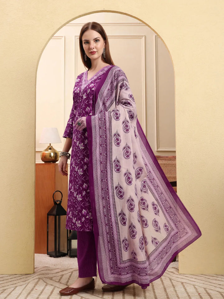 Violet Pure Cotton Kurta Dupatta Pant Set