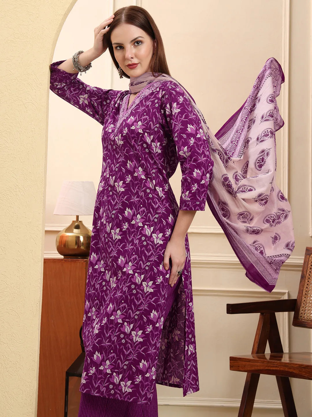 Violet Pure Cotton Kurta Dupatta Pant Set