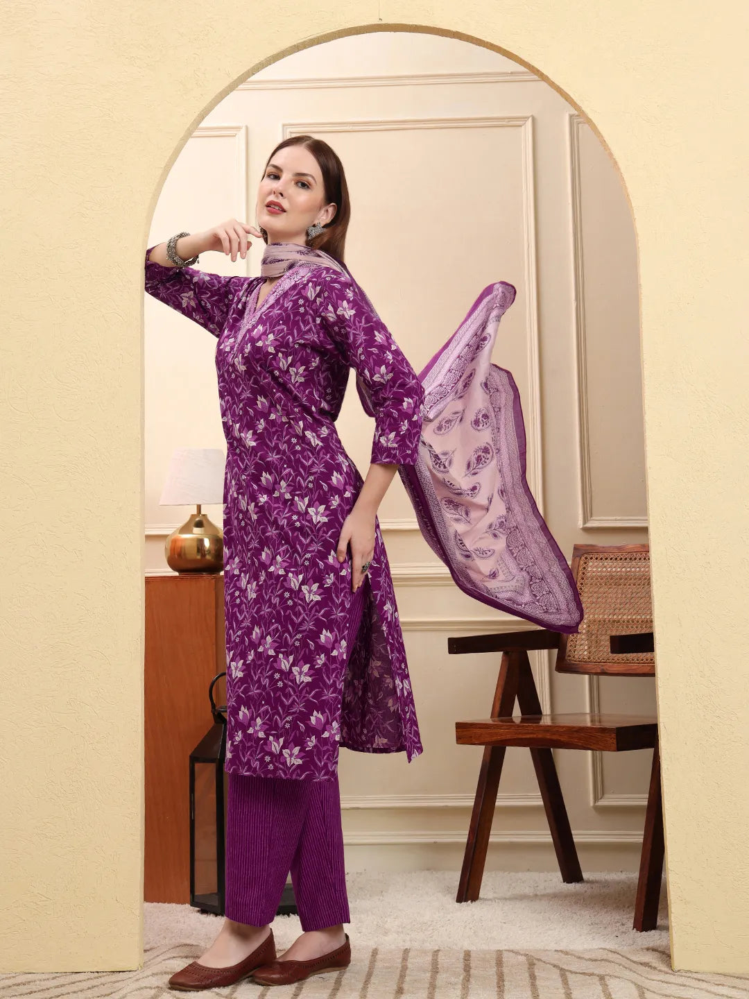 Violet Pure Cotton Kurta Dupatta Pant Set