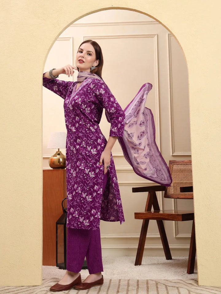 Violet Pure Cotton Kurta Dupatta Pant Set