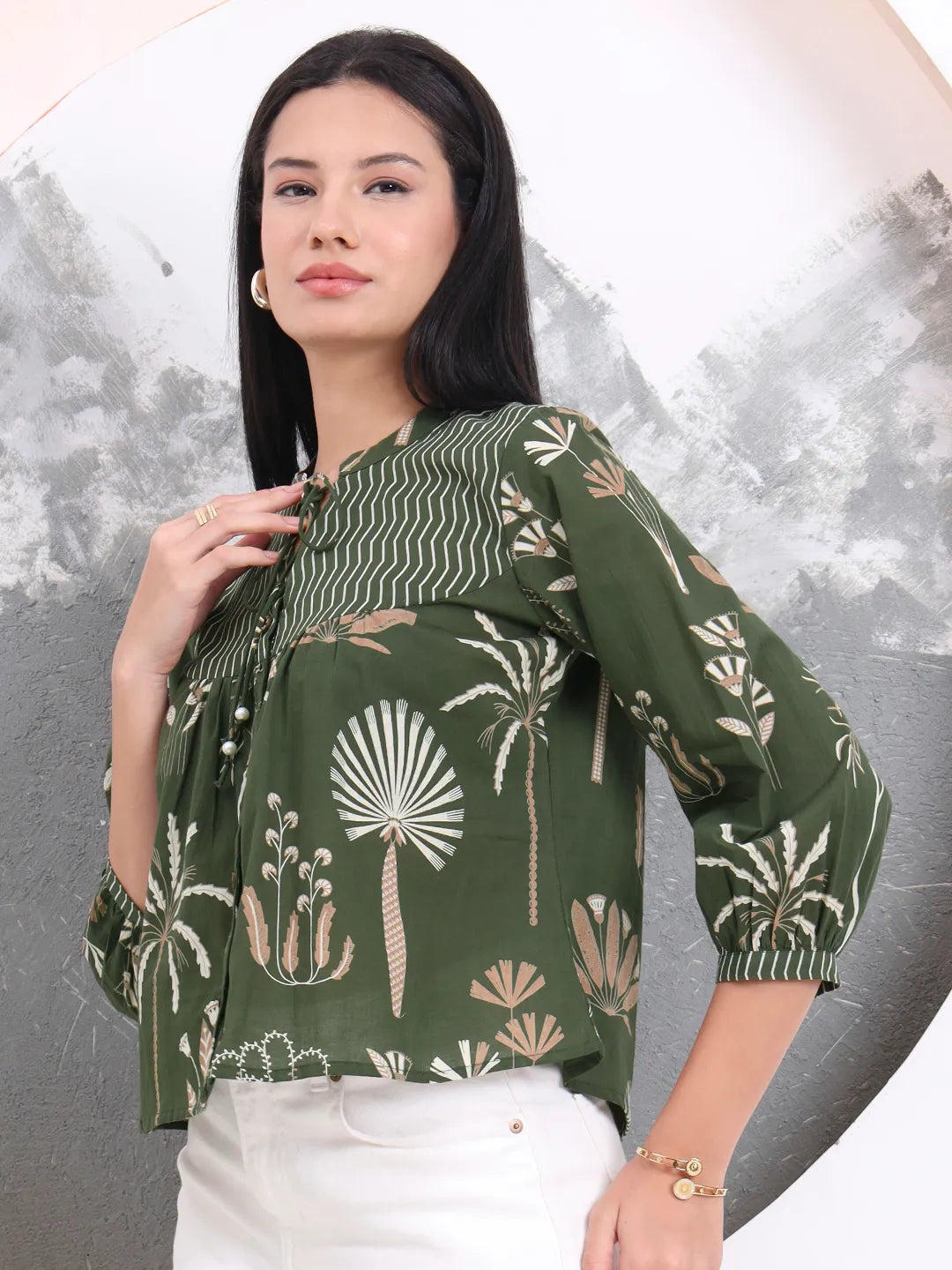 Green Cotton Three Quarter Puffed Sleeves Top
